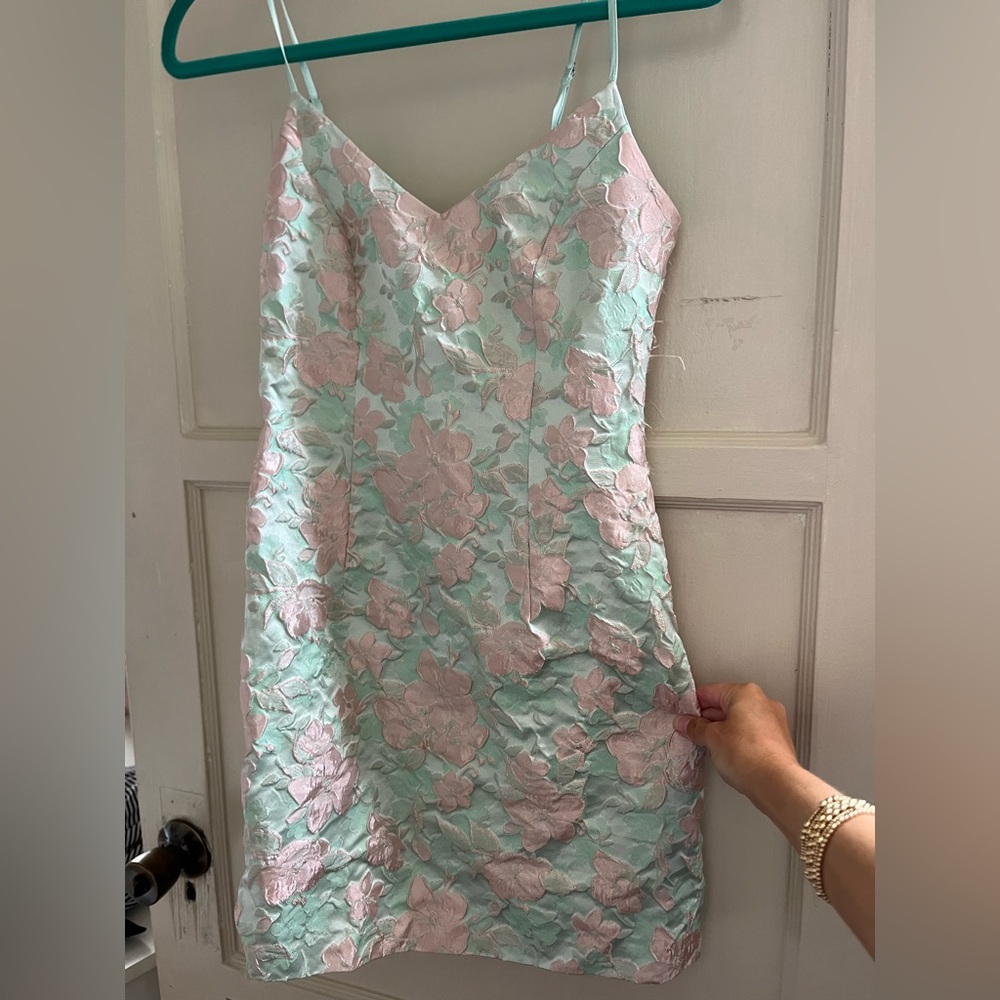 Lulus pink and blue jacquard print fitted mini dress